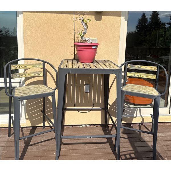 Metal and Wood Outdoor Bar Table with Two Matching Stools