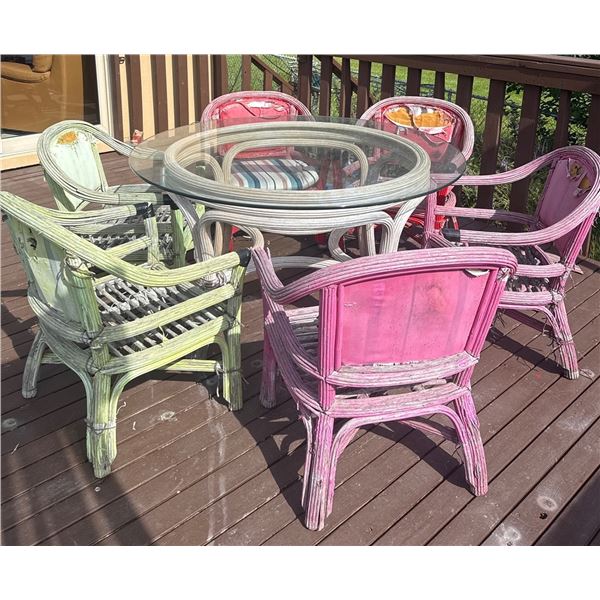Painted Wicker Patio Dining Set with Glass-Top Table and Six Chairs