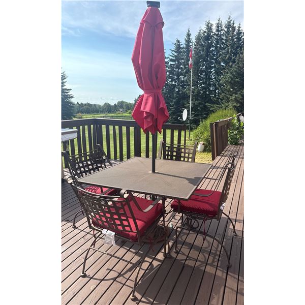 Metal Patio Table with Four Chairs and Red Cushions, Square Umbrella
