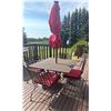 Image 1 : Metal Patio Table with Four Chairs and Red Cushions, Square Umbrella