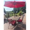 Image 4 : Metal Patio Table with Four Chairs and Red Cushions, Square Umbrella