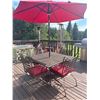 Image 5 : Metal Patio Table with Four Chairs and Red Cushions, Square Umbrella