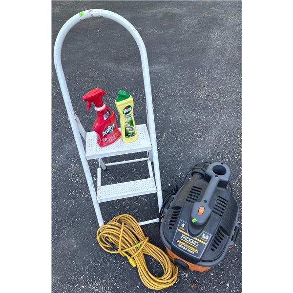 Rigid 5.0 HP Wet/Dry Vacuum, Step Ladder, Extension Cord, and Cleaning Supplies
