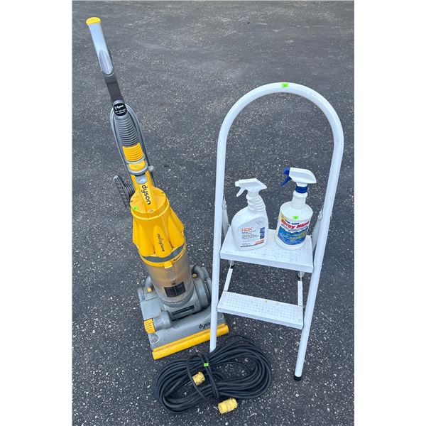 Dyson DC07 Upright Vacuum, White Step Ladder, Extension Cord, and Cleaners