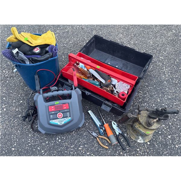Tools Lot with Battery Charger and Blowlamp