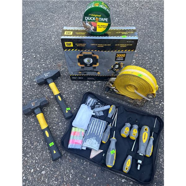 Hand Tool Lot with CAT LED Worklight, Duck Tape, Hammers, and Tool Kit