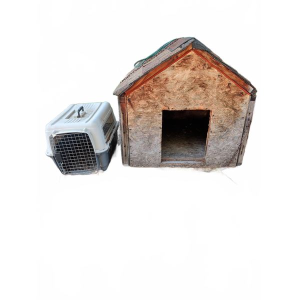 Large Wood Dog House With Shingle Roof and Plastic Pet Carrier