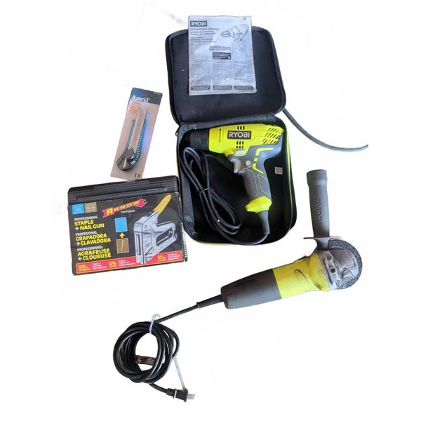 Ryobi Electric Drill, Ryobi AG4031G Angle Grinder, Arrow Staple Gun, Utility Knife