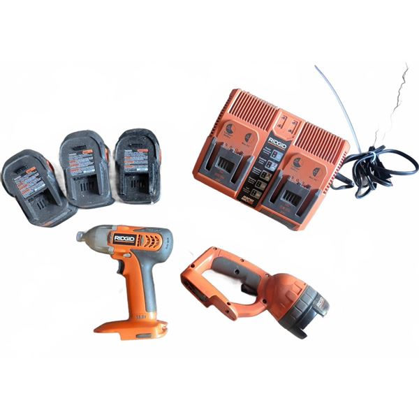 RIDGID Cordless Impact Driver, Work Light, Charger, and 3 Batteries
