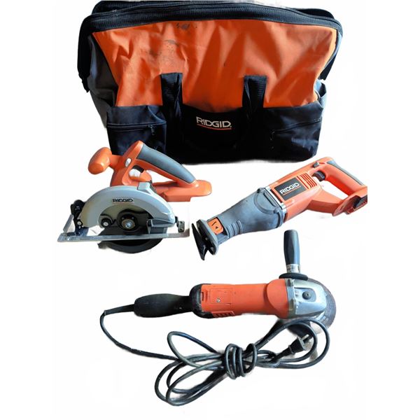 Ridgid Power Tool Lot With Bag: Saw, Reciprocating Saw, Grinder