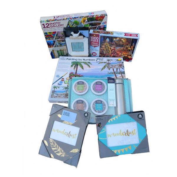 Craft and Decorator Lot with Puzzles, Frames, and Tea Set