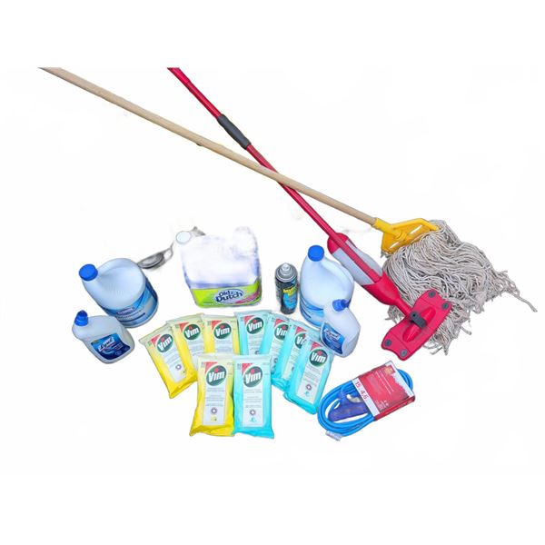 Commercial Cleaning Supplies Lot With Mop, Mop Bucket, And Accessories