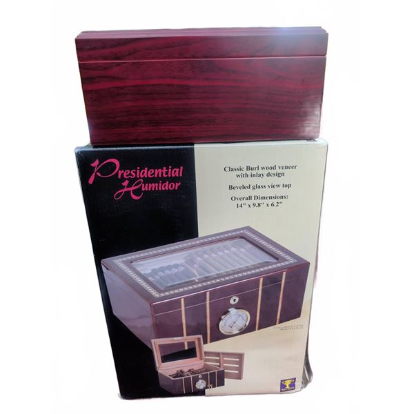 Presidential Humidor Burl Wood Veneer Cigar Box with Hygrometer