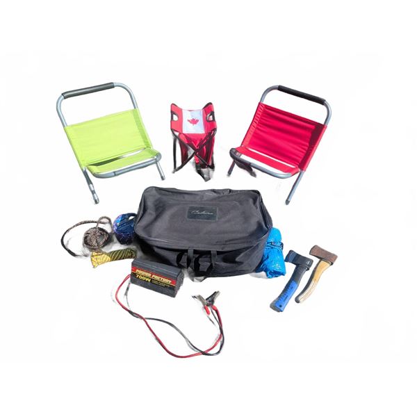 Camping Accessory Lot with Chairs, Axes, Power Inverter and Ropes