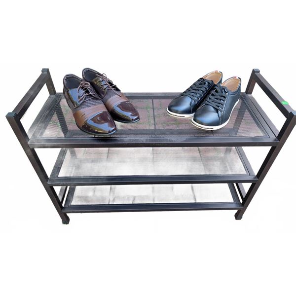 New Metal Mesh 3-Tier Shoe Rack w/ 2 New Pairs of Men's Shoes