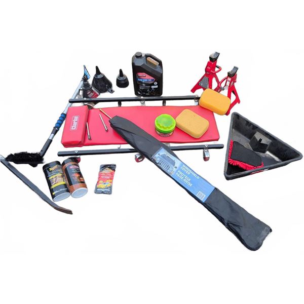 Automotive Tool and Accessory Lot with Creeper and Jack Stands