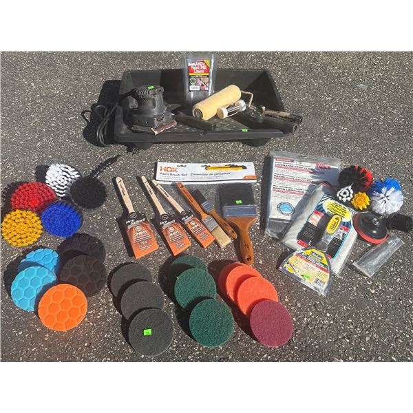 Painting and Cleaning Tools Including Sanders, Brushes, Pads, and Drills