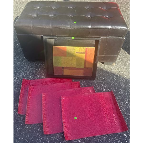 Tufted Faux Leather Storage Ottoman, Framed Print, and Red Placemats