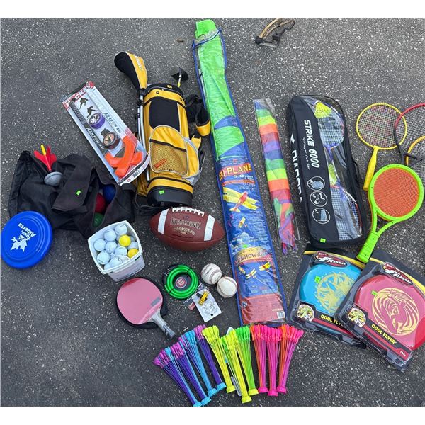 Sports and Outdoor Games Lot with Golf Bag and Assorted Equipment