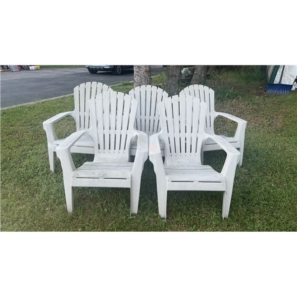 Six White Plastic Adirondack-Style Outdoor Chairs