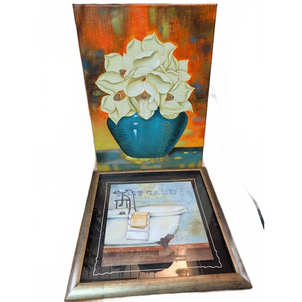 Framed Bathtub Wall Art Print and Floral Still Life Canvas Painting