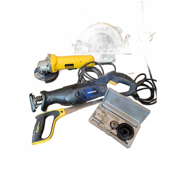 Power Tool Lot: DEWALT Circular Saw, Angle Grinder, Reciprocating Saw, Accessories