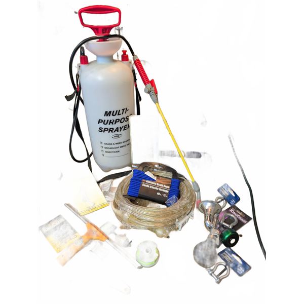 Workshop Tools and Hardware Lot Including Sprayer and Shop Blower