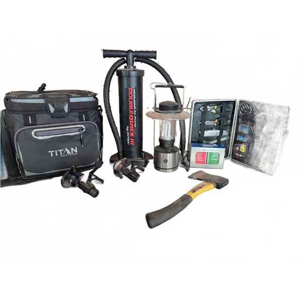 Outdoor and Utility Gear Lot with TITAN Cooler, Lantern, Tools, Air Pump, and Fishing Reels