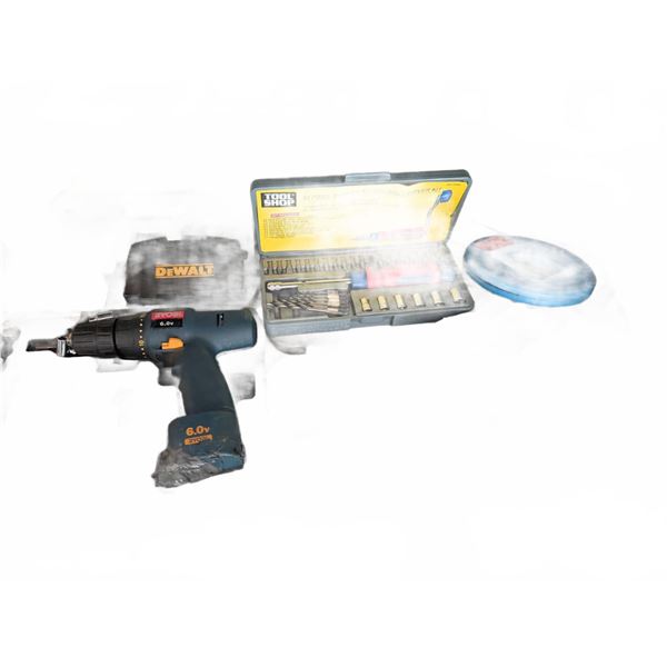 Ryobi 6.0V Cordless Drill, Dewalt Bit Set, and Mixed Hand Tools