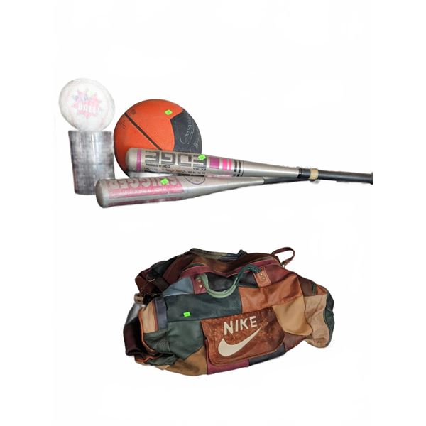 Sports Equipment Lot with Nike Bag, TEKK Basketball Hoop, Bats, and Balls