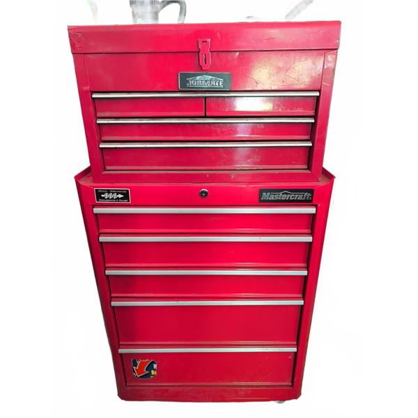 Mastercraft Tool Chest With Jobmate Top Box, Red, Multiple Drawers, Various Tools