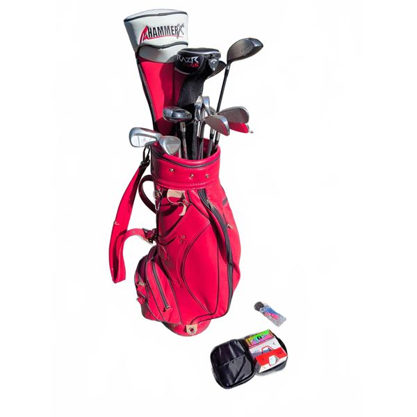 Golf Club Set with Red Bag, Callaway RAZR, TaylorMade, Catapult Clubs, Accessories