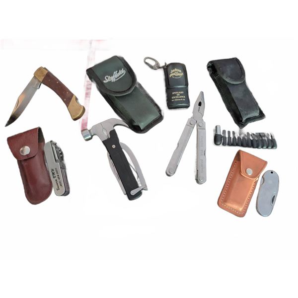 Multi-Tool Lot with Folding Knife, StepMate Pouch, Jim Beam Lighter, and Accessories