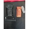 Image 7 : Multi-Tool Lot with Folding Knife, StepMate Pouch, Jim Beam Lighter, and Accessories