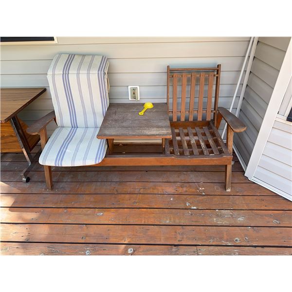 Wooden Patio Glider Bench with Built-in Table and Cushion