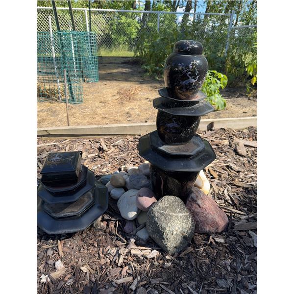 Stacked Black Lacquer Ornamental Garden Sculpture With Crane Motif