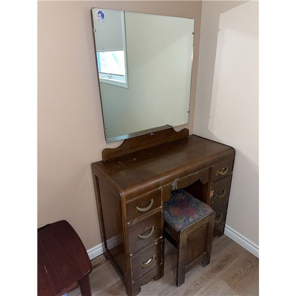 Wooden Vanity Table With Mirror and Padded Stool, 6-Drawer Design