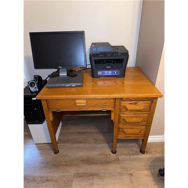 Oak Wood Desk with Three Drawers and Pull-Out Writing Surface