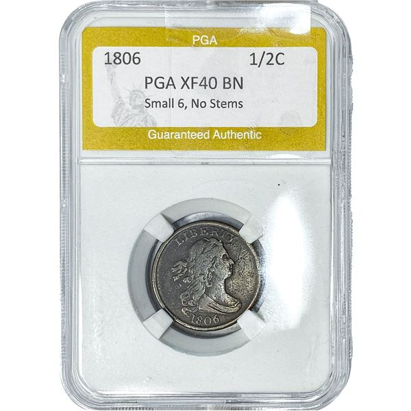 1806 Draped Bust Half Cent PGA XF40 BN Small 6, No Stems