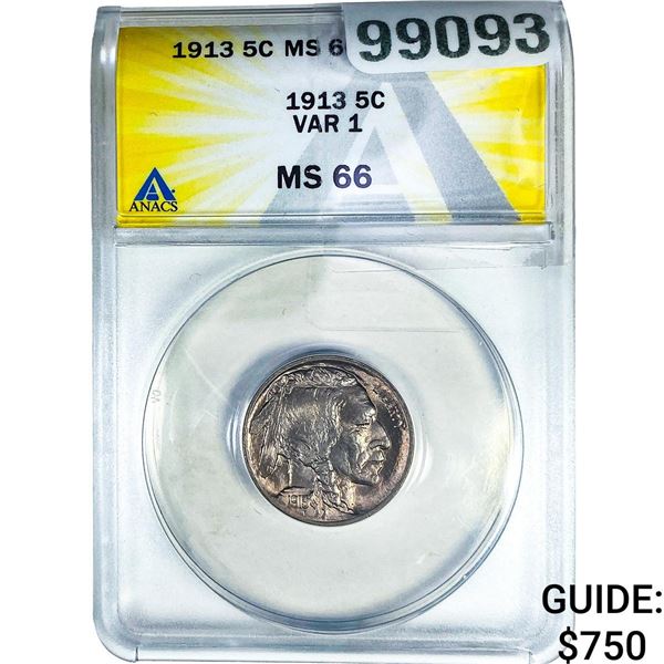 1913 Buffalo Nickel ANACS MS66 Var 1