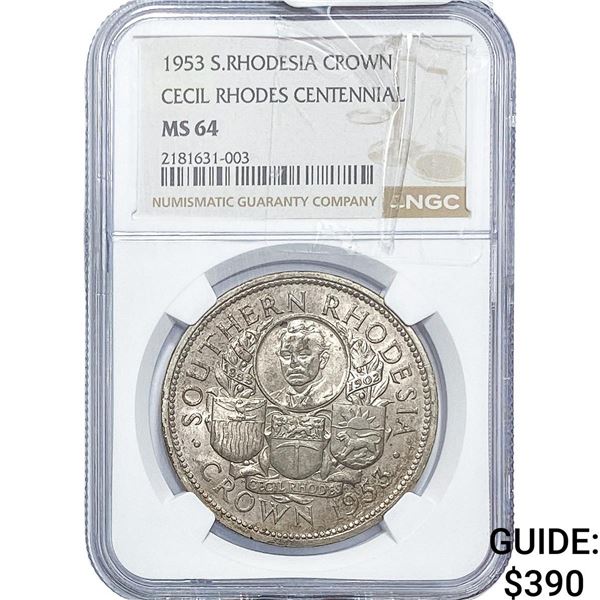 1953 S. Rhodesia Silver Crown NGC MS64