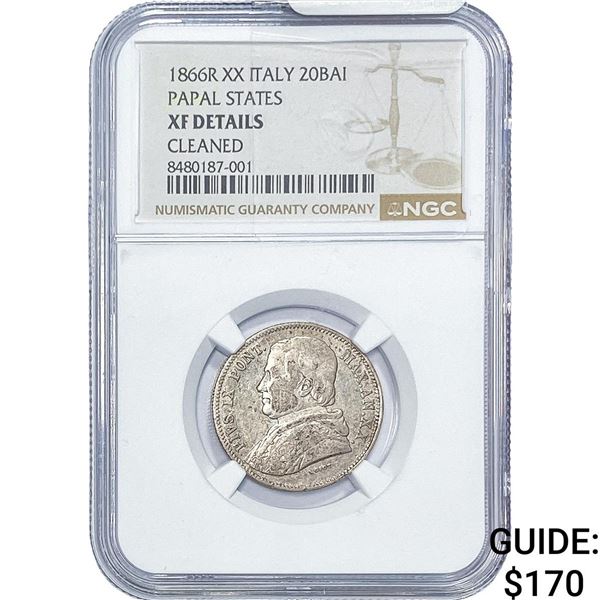 1866-R Papal States Pius IX Silver 20 Baiochi NGC XF Details