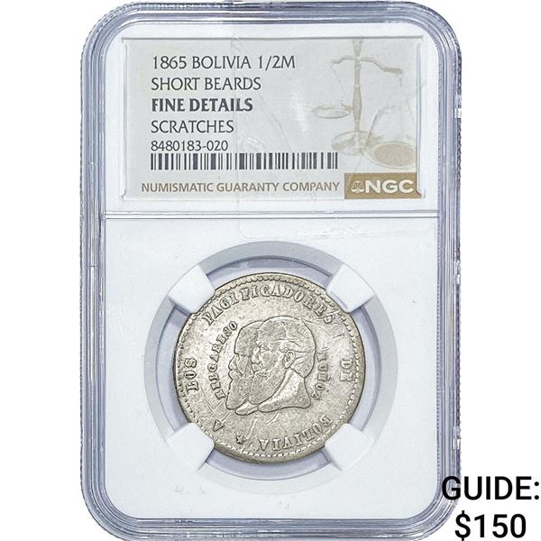 1865 Bolivia Silver 1/2 Melgarejo NGC F Details