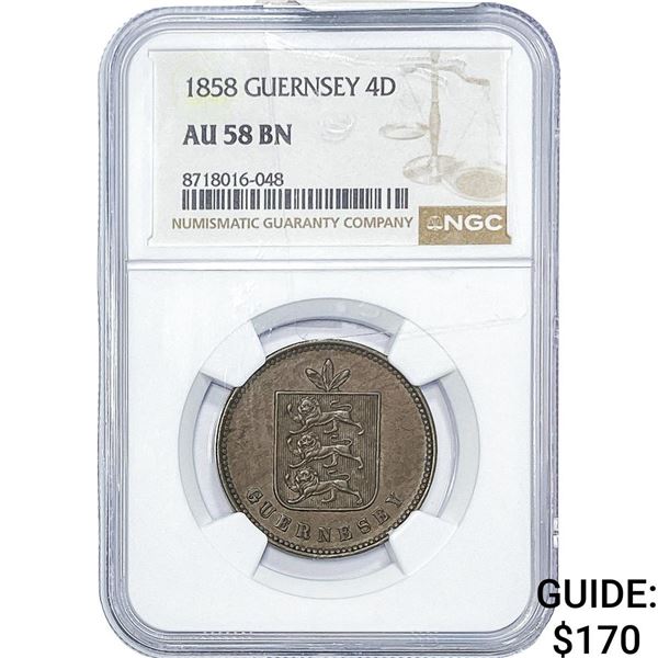 1858 Guernsey Copper 4 Doubles NGC AU58 BN