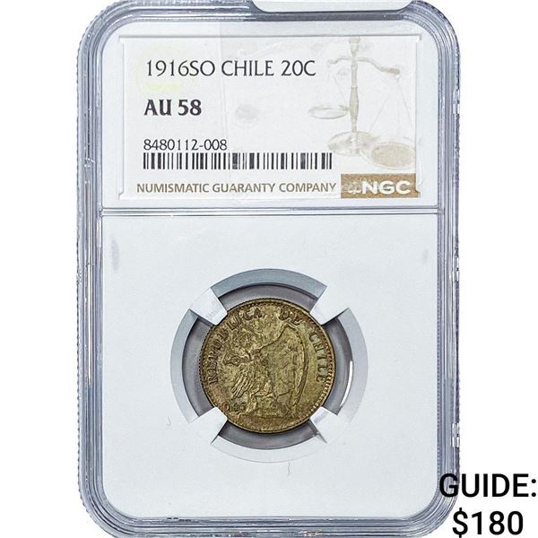 1916-SO Chile Silver 20 Centavos NGC AU58