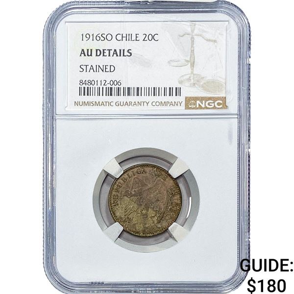 1916-SO Chile Silver 20 Centavos NGC AU Details