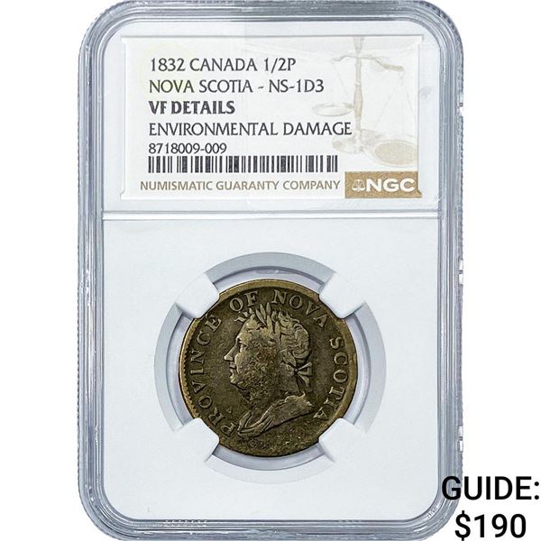 1832 Canada, Nova Scotia Copper 1/2 Penny NGC VF Details