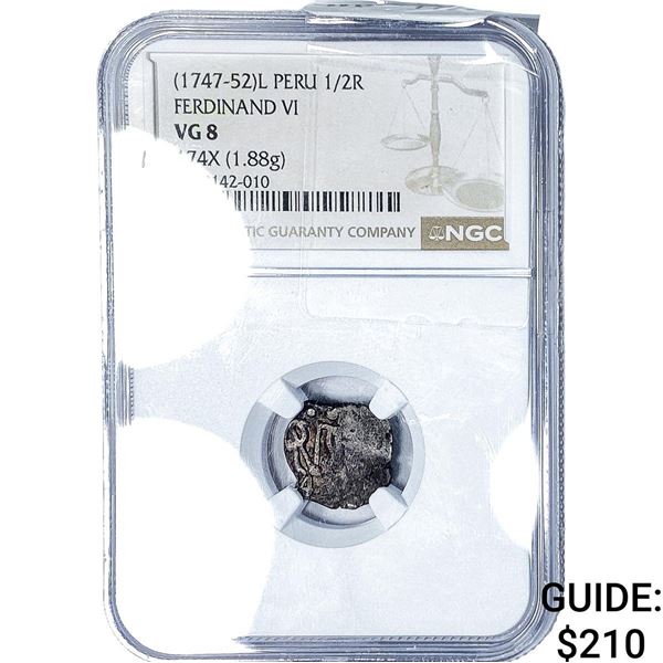 1747-52 Colonial Spain Silver 1/2 Real Cob NGC VG8