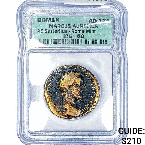AD 174 Roman Empire Marcus Aurelius Bronze Sestertius ICG G6