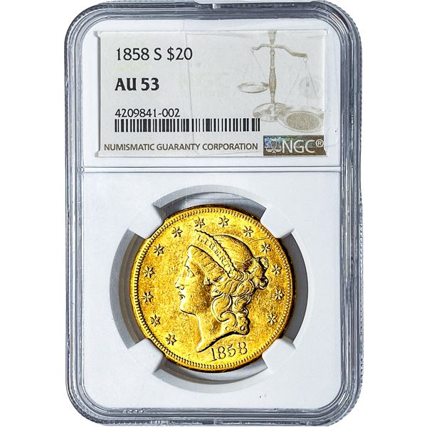 1858-S $20 Gold Double Eagle NGC AU53